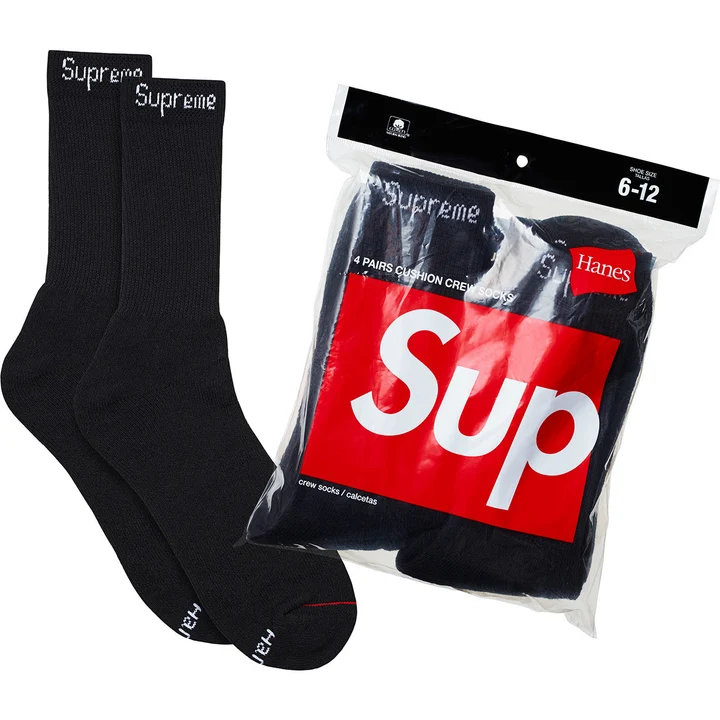 Supreme Hanes 4 Pack Crew Socks in Black, socks and packaging