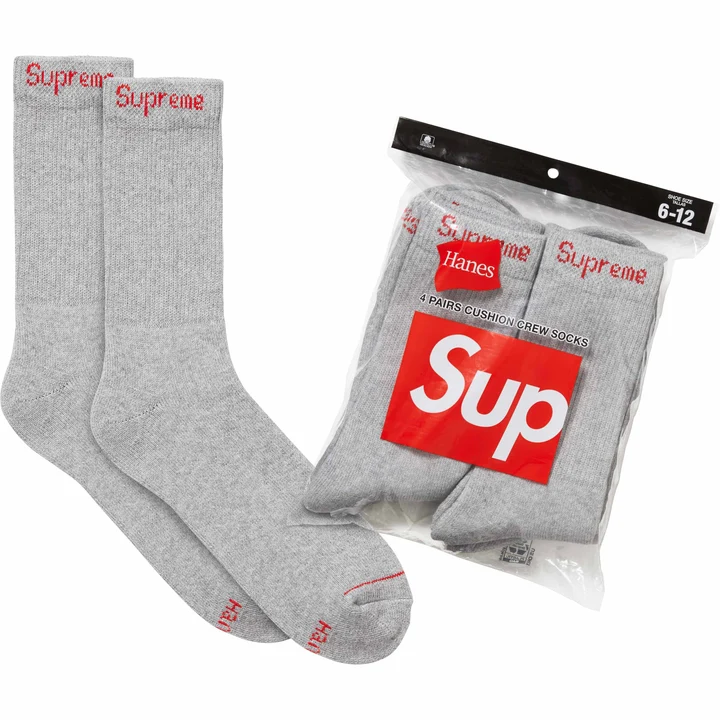 Supreme Hanes 4 Pack Crew Socks in Grey, socks and packaging
