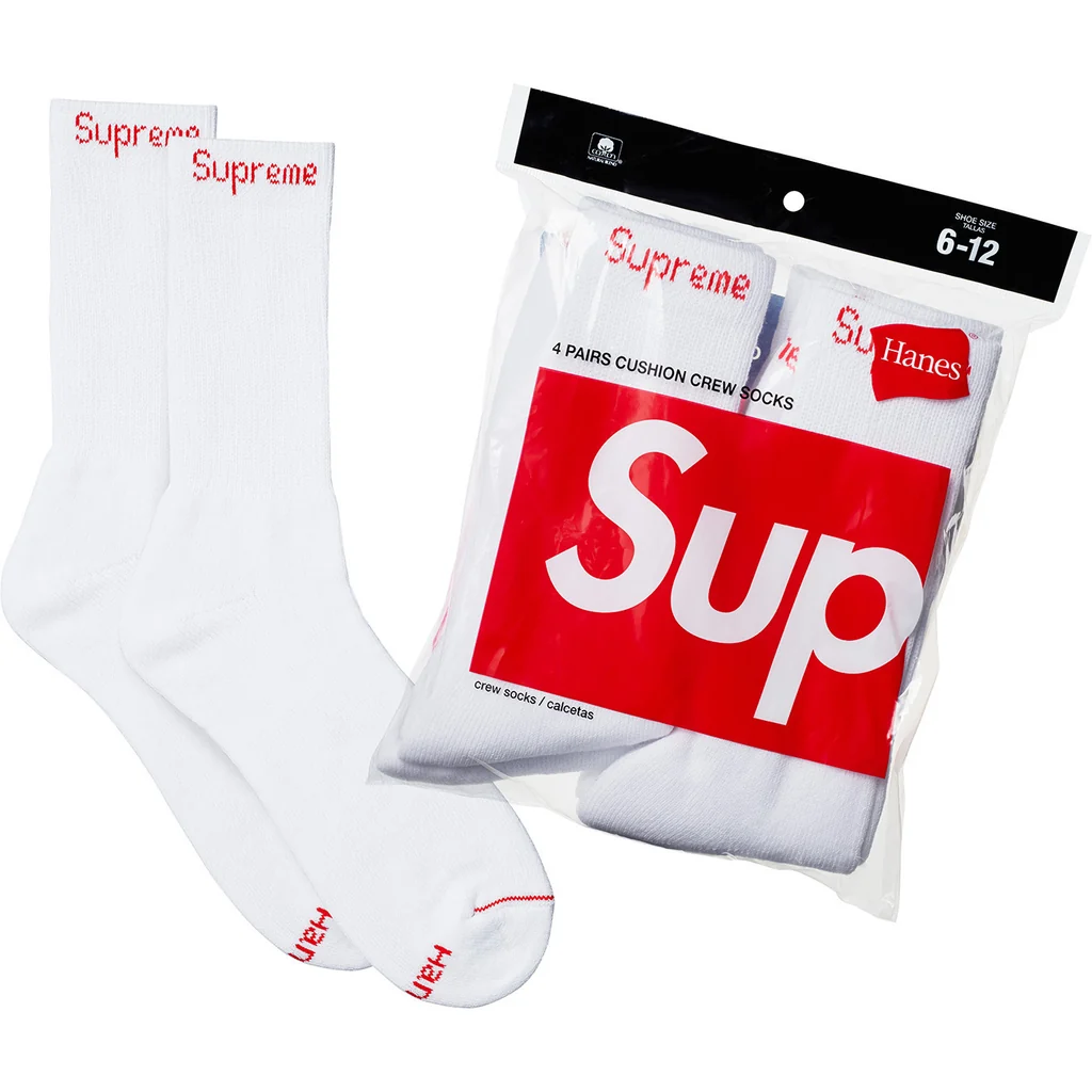 Supreme Hanes 4 Pack Crew Socks in White, socks and packaging